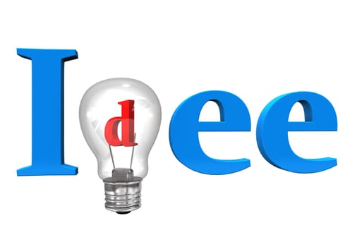 Blue german text Idee, translate Idea with bulb on the white background.