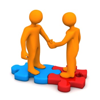 Two orange cartoon characters on the blue and red puzzle pieces.
