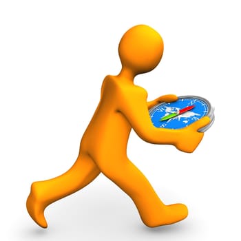 Orange cartoon character runs with blue compass. White background.