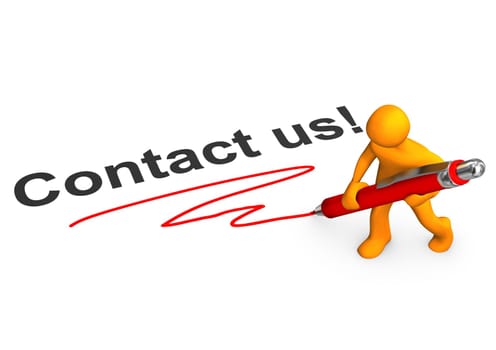 Orange cartoon character with red ballpen and text Contact us.