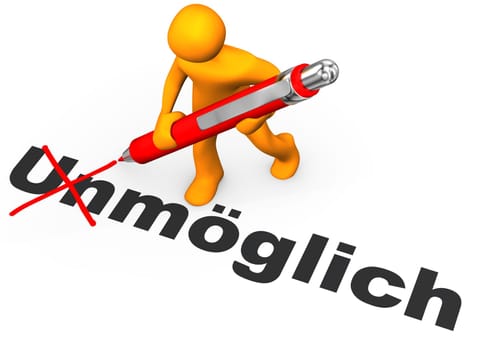 German text unmoeglich, translate impossible. Orange cartoon character makes impossible possible.
