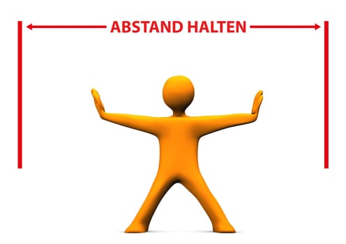 Orange cartoon character with red german text Abstand Halten, translate Keep Distance.