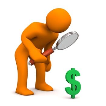 Orange cartoon character with loupe and green symbol of dollar.