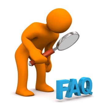 Orange cartoon character with loupe and blue text FAQ.