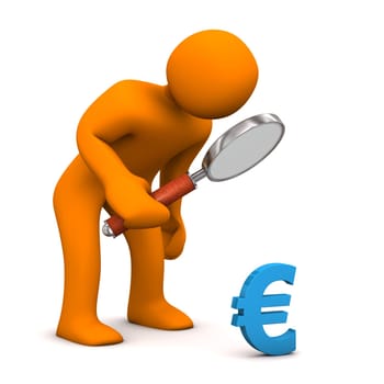 Orange cartoon character with loupe and blue symbol of euro.