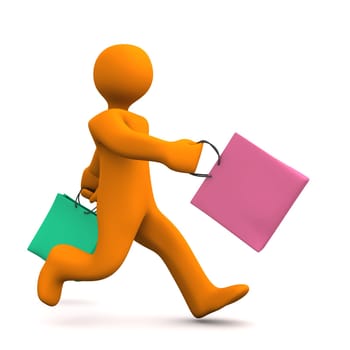 Orange cartoon character runs with two shopping bags.