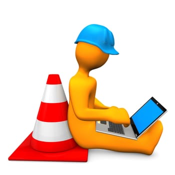 Orange cartoon character with laptop and traffic cone.