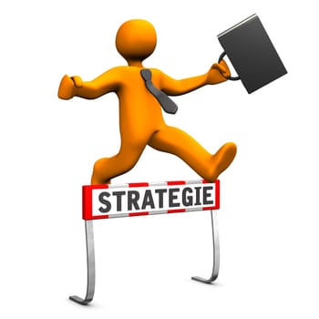 Orange cartoon character as businessman and german text strategie translate strategy.