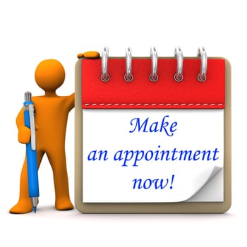 Orange cartoon character with ballpen, notepad and blue text Make an appointment now.