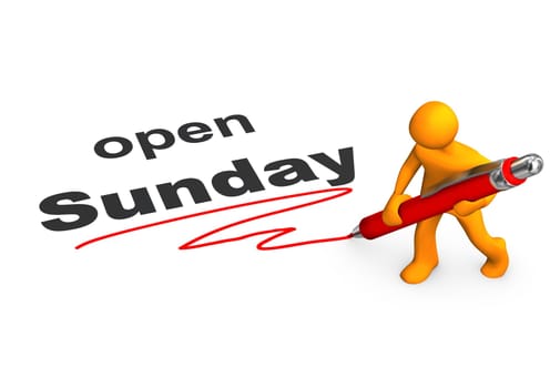 Orange cartoon character with red ballpen and text open Sunday.