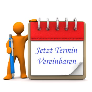 Orange cartoon character with ballpen, notepad and blue german text Jetzt Termin vereinbaren, translate Make an appointment now.