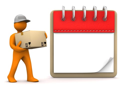 Orange cartoon character with packet and notepad. White background.