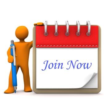 Orange cartoon character with ballpen, notepad and blue text join now.