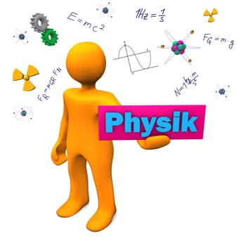 Orange cartoon character with german text Physik, translate Physics.