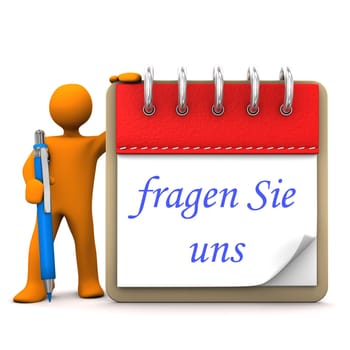 Orange cartoon character with ballpen, notepad and german text Fragen Sie uns, translate ask us.