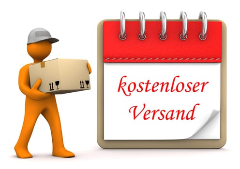 Orange cartoon character with packet and german text Kostenloser Versand, translate Free Shipping.