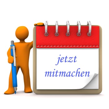 Orange cartoon character with ballpen, notepad and german text jetzt mitmachen, translate join now.