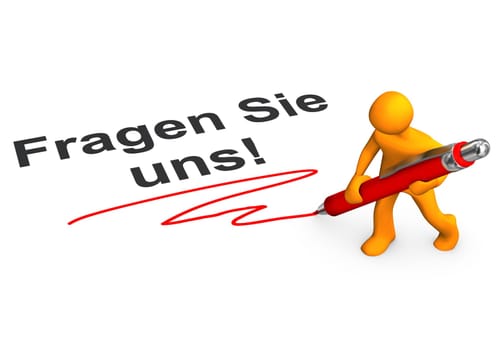 Orange cartoon character with ballpen and german text Fragen Sie uns, translate aks us.