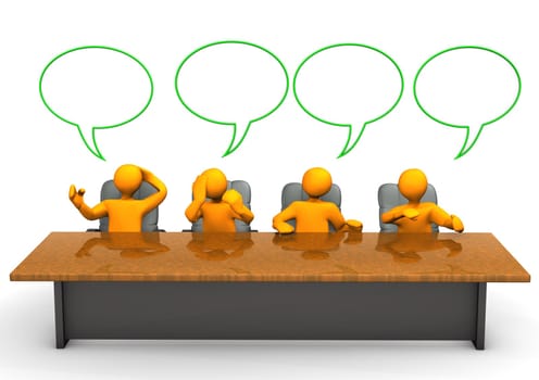 Orange cartoon characters with speech bubbles. White background.