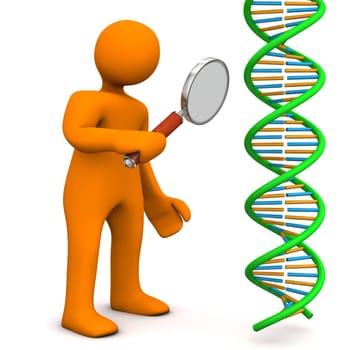 Orange cartoon character with loupe and dna. White background.