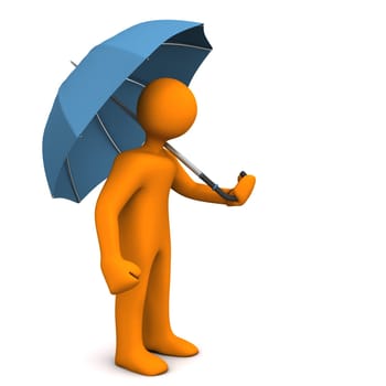 Orange cartoon characer with umbrella on the white background.