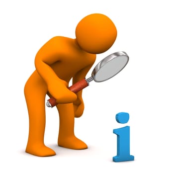 Orange cartoon character with loupe and blue symbol of information.