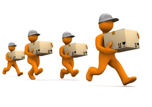 Orange cartoon characters runs with big parcels. White background.