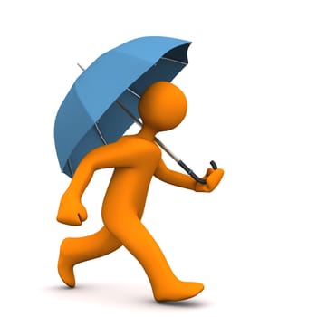 Orange cartoon character runs with blue umbrella.