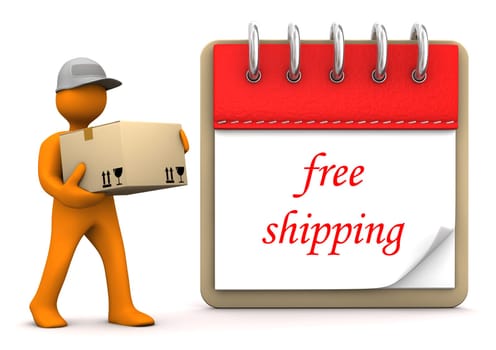 Orange cartoon character with packet and text Free Shipping.
