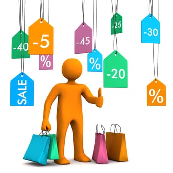 Orange cartoon character with shopping bags and sale stickers on the white background.