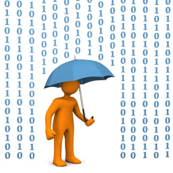 Orange cartoon character with umbrella and data rain.