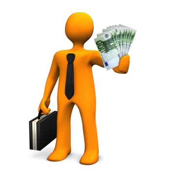 Orange businessman allures with money. White background.