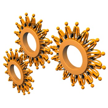 Orange cartoon characters as gears on the white background.