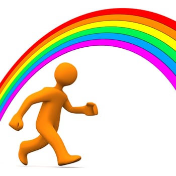 Orange cartoon character runs away from rainbow. White background.