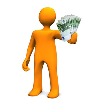 Oragen cartoon character allures with money. White background.