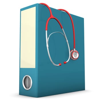 Red stethoscope with blue folder on the white background.