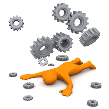 Orange cartoon character is exhausted. White background with grey gears.