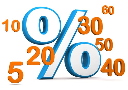 Blue symbol of percent with orange numbers. White background.