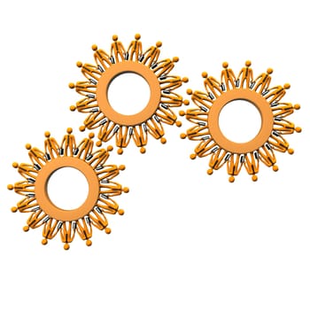 Orange cartoon characters as gears on the white background.