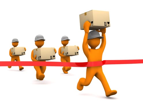 Orange cartoon characters runs with big parcels. White background.