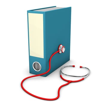 Red stethoscope with blue folder on the white background.