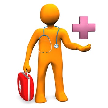 Orange cartoon character with stethoscope, emergency case and cross. White background.