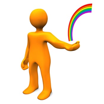 Orange cartoon character with rainbow in the hand. White background.