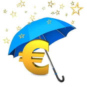 Golden eurosymbol with golden stars and blue umbrella.