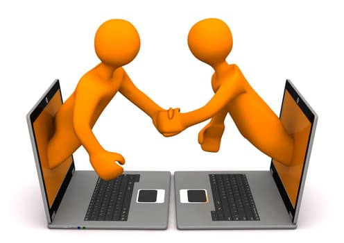 Orange cartoon characters with laptops makes handshake.