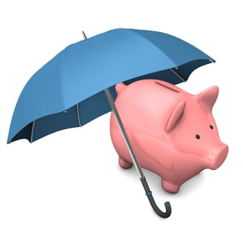 Pink piggy bank with blue umbrella on the white background.
