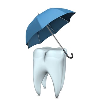 White tooth with blue umbrella on the white background.