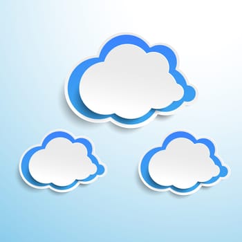 Three blue paper clouds design on cyan background. Eps 10 vector file.