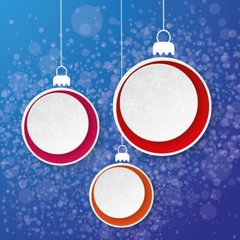 Three paper christmas bauble with snowflakes on the blue background. Eps 10 vector file.