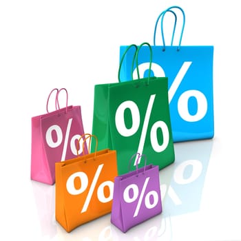 Colorful shopping bags with symbol of percent. White background.